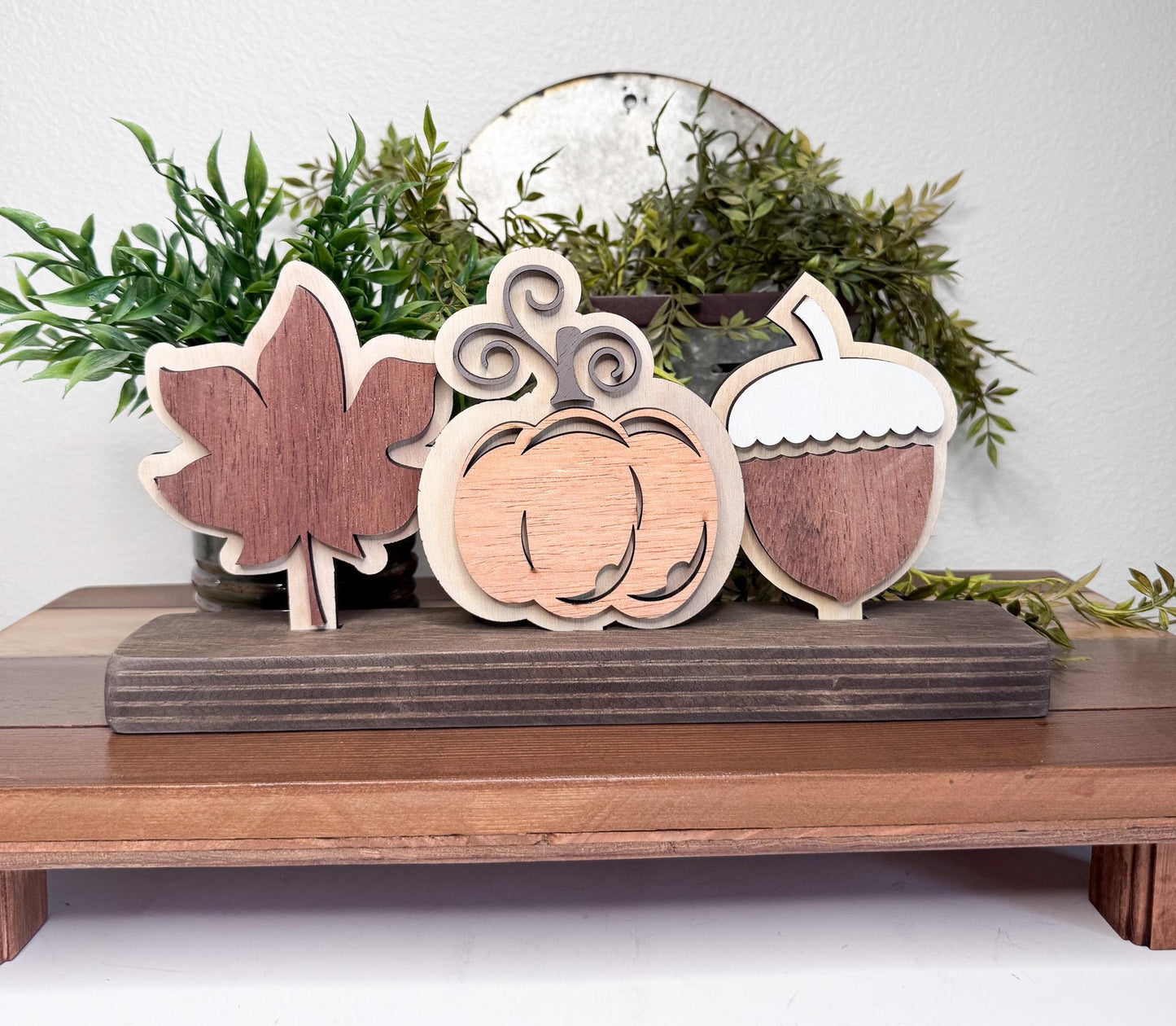 Thanksgiving Fall shelf decor, interchangeable.  Leaf, Acorn, Pumpkin + base