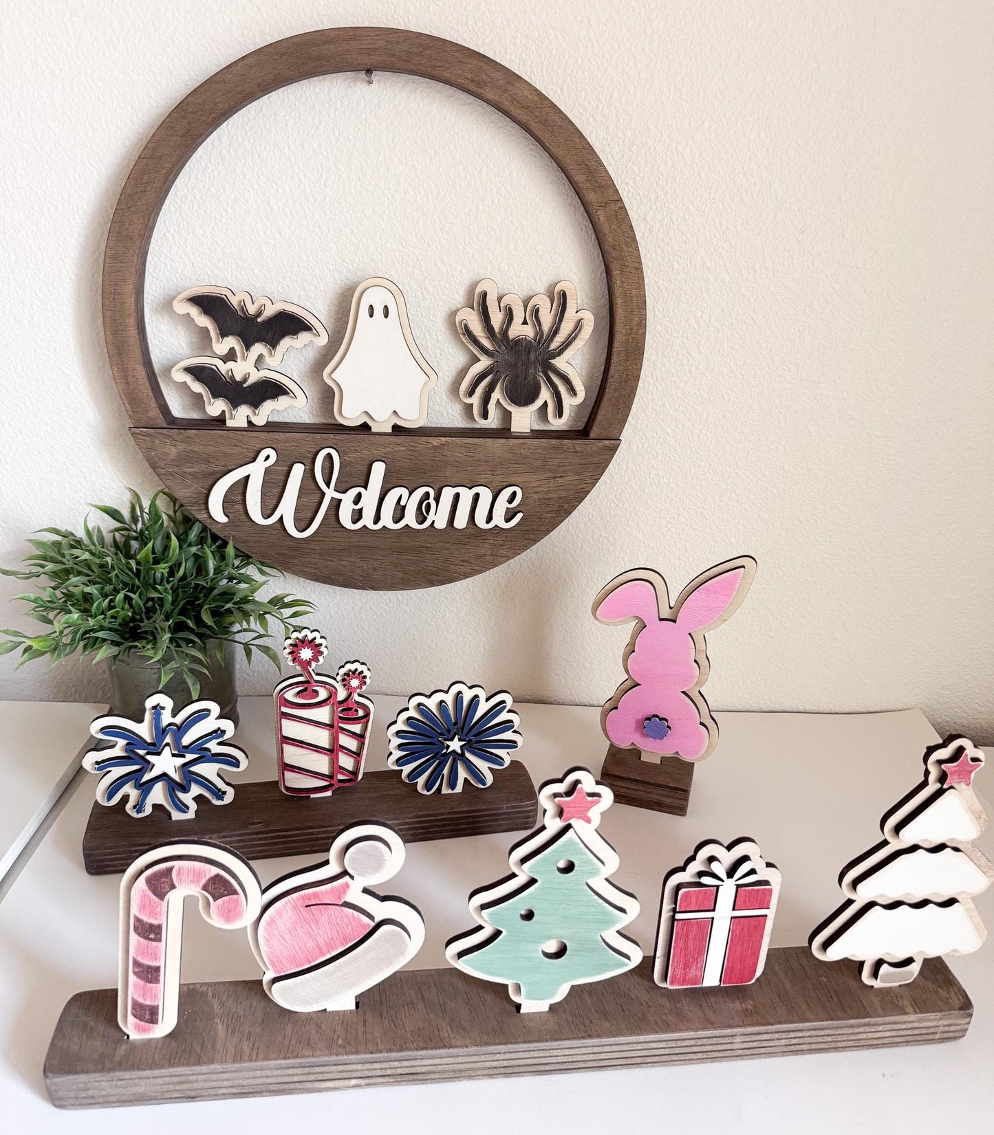 Interchangeable Holiday Wood Bases  4 Styles, Shelf or Wall Hanger Display