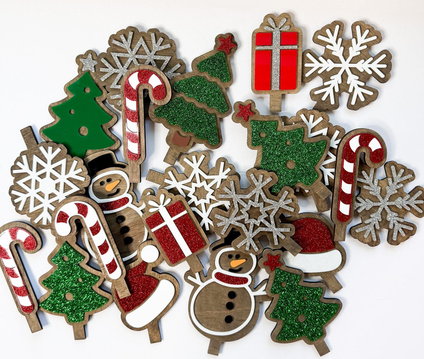 Interchangeable Christmas Shelf Decor, Wood Base with Candy Cane, Tree, Present Inserts