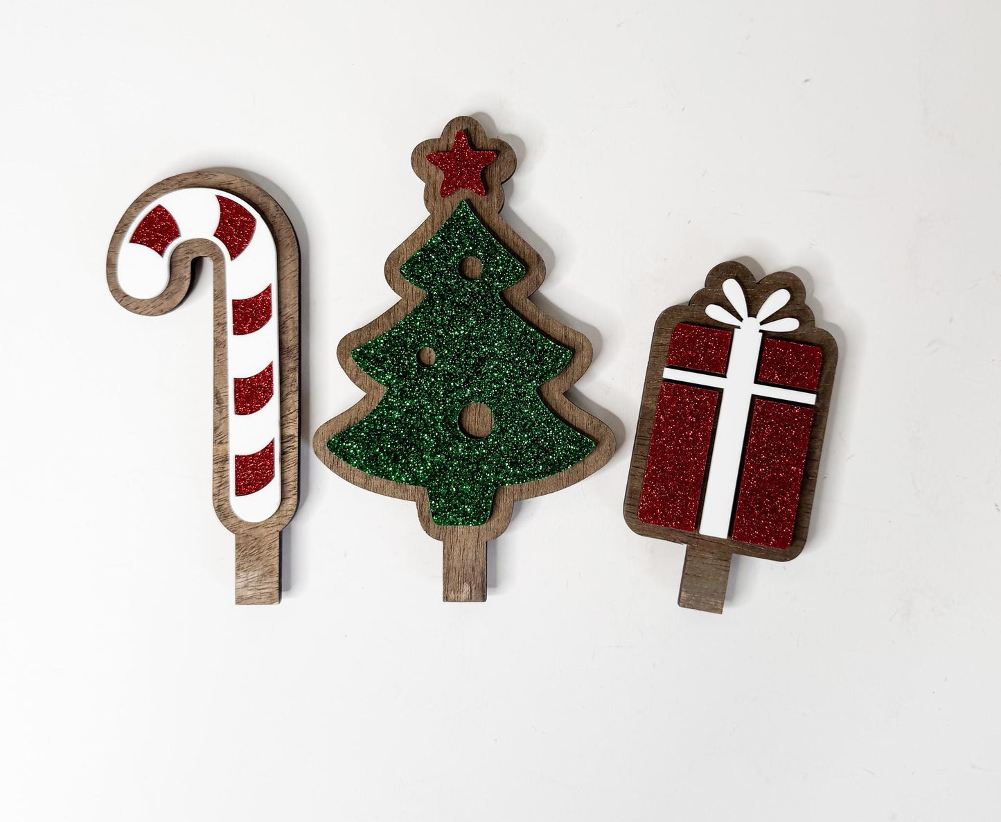 Interchangeable Christmas Shelf Decor, Wood Base with Candy Cane, Tree, Present Inserts