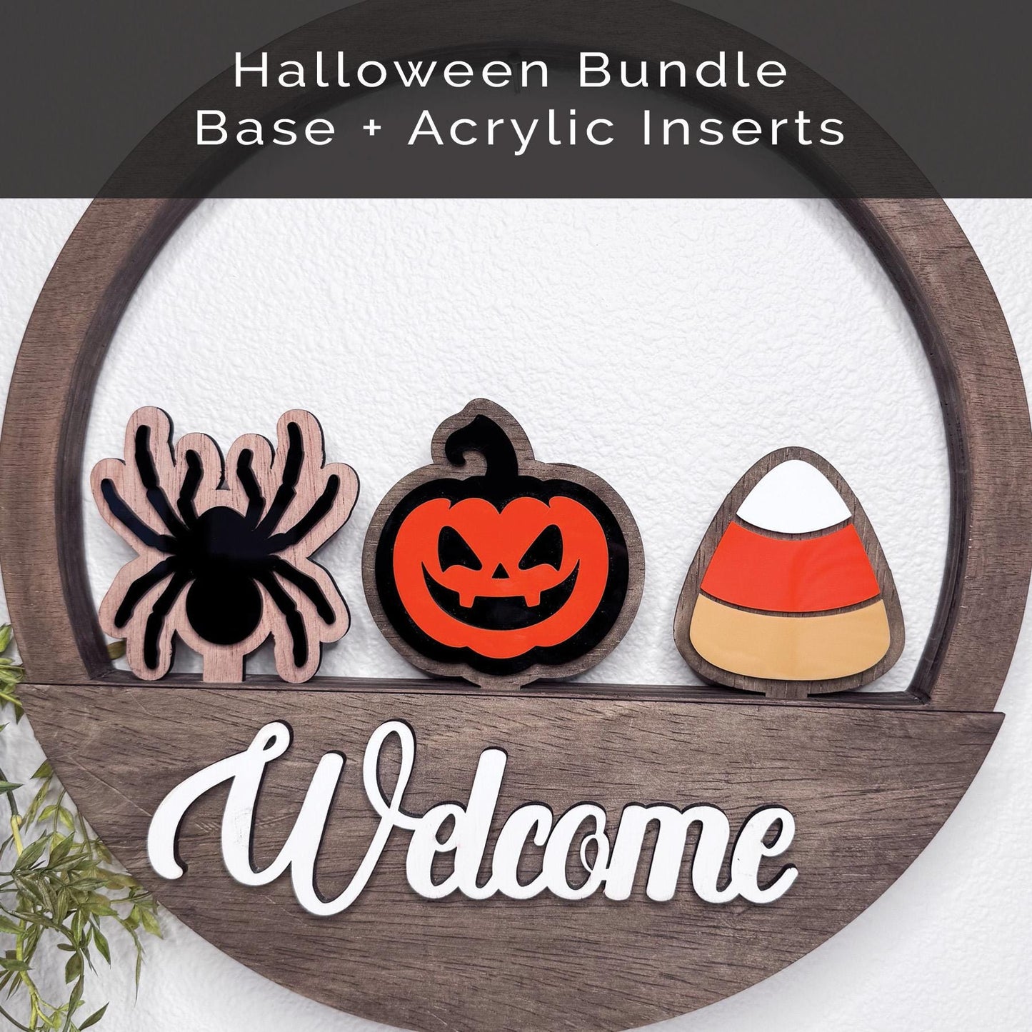Interchangeable Halloween Door Hanger, Wood Base with Spider, Jack o Lantern, Candy Corn Inserts