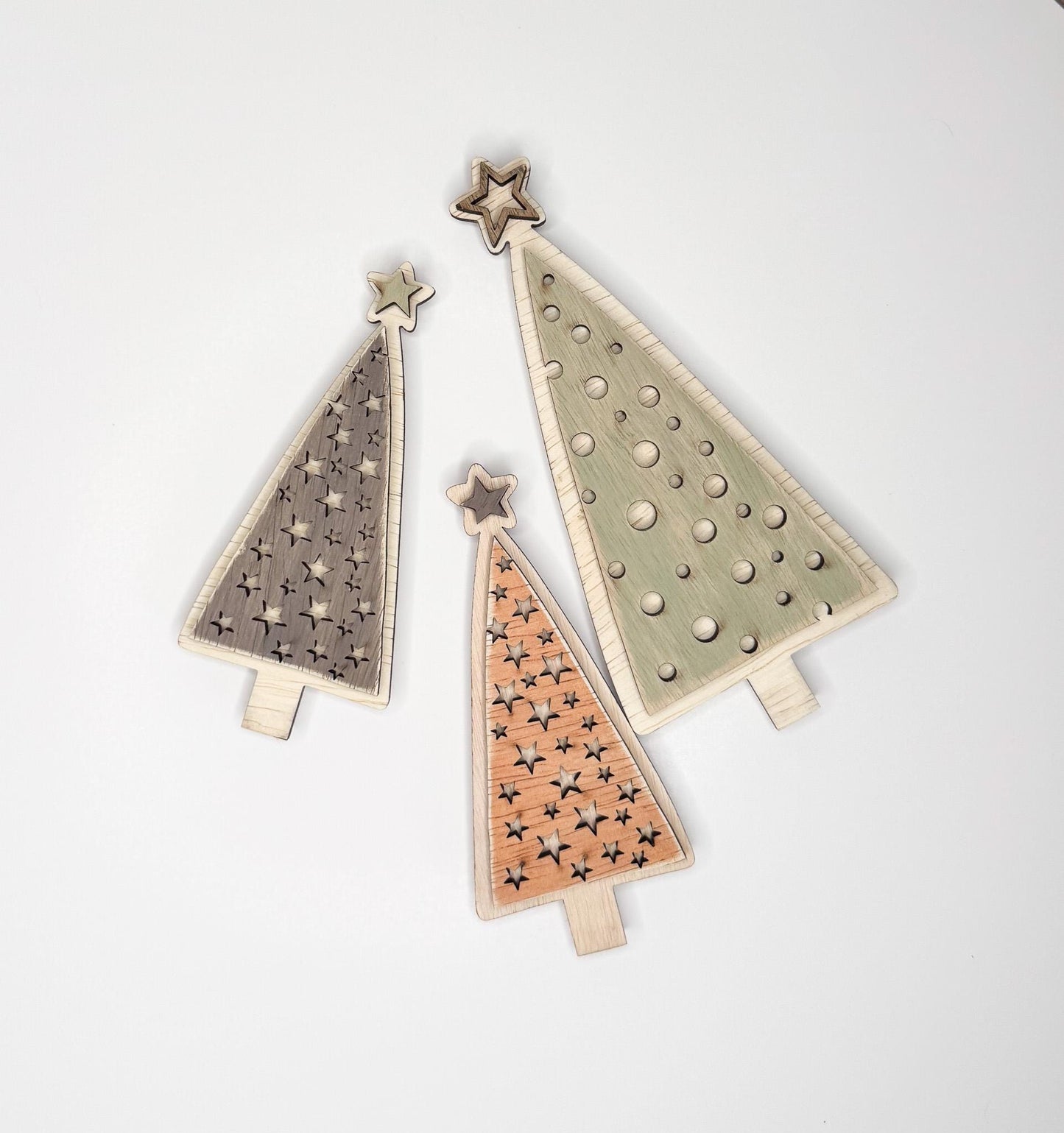 Rustic Christmas Tree Bundle  Set of 3 Wood Trees with Shelf Base