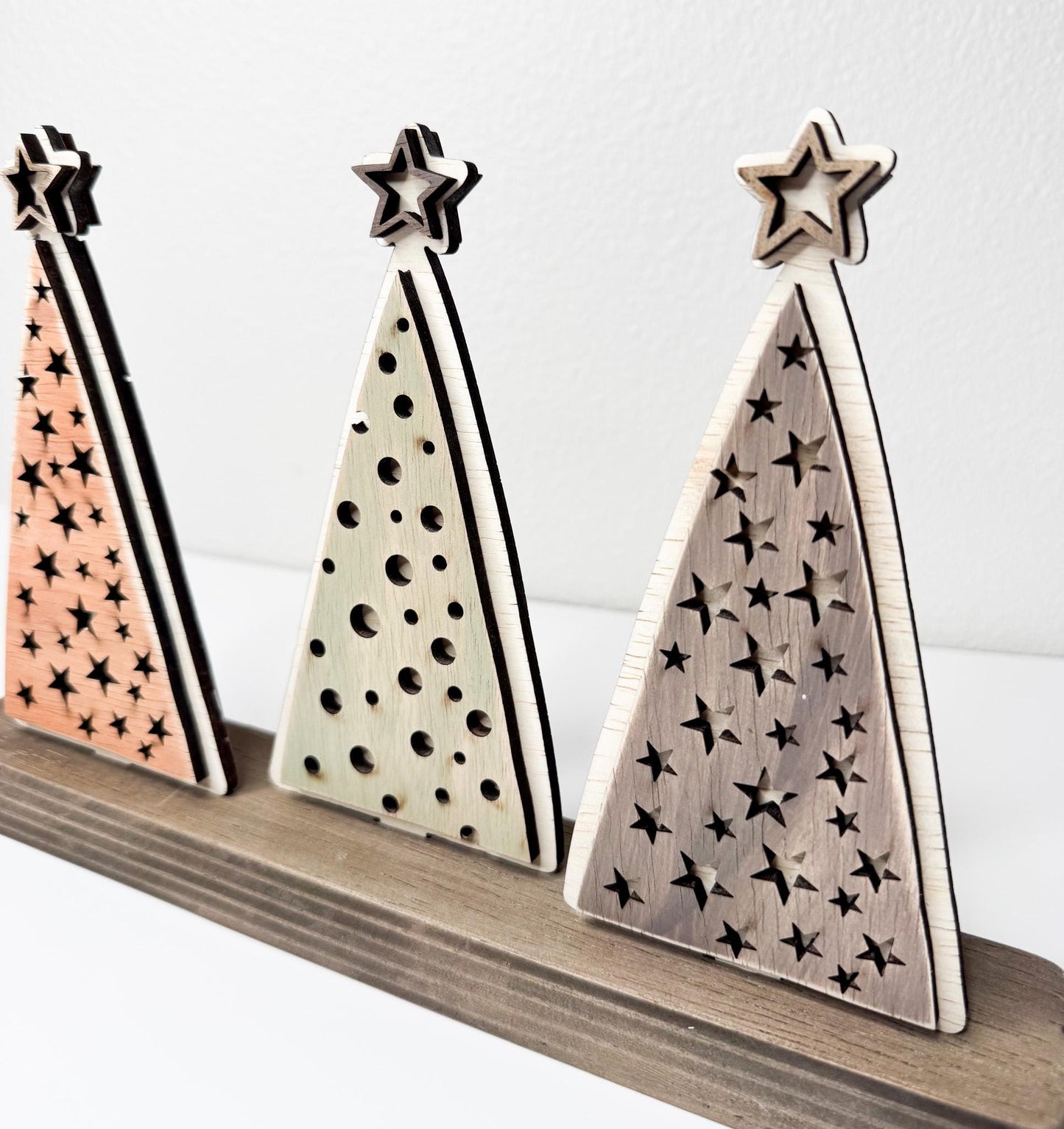 Rustic Christmas Tree Bundle  Set of 3 Wood Trees with Shelf Base