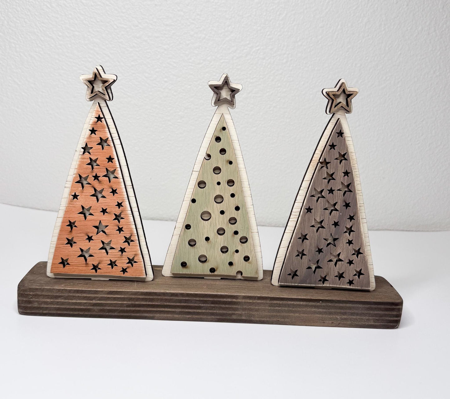 Rustic Christmas Tree Bundle  Set of 3 Wood Trees with Shelf Base