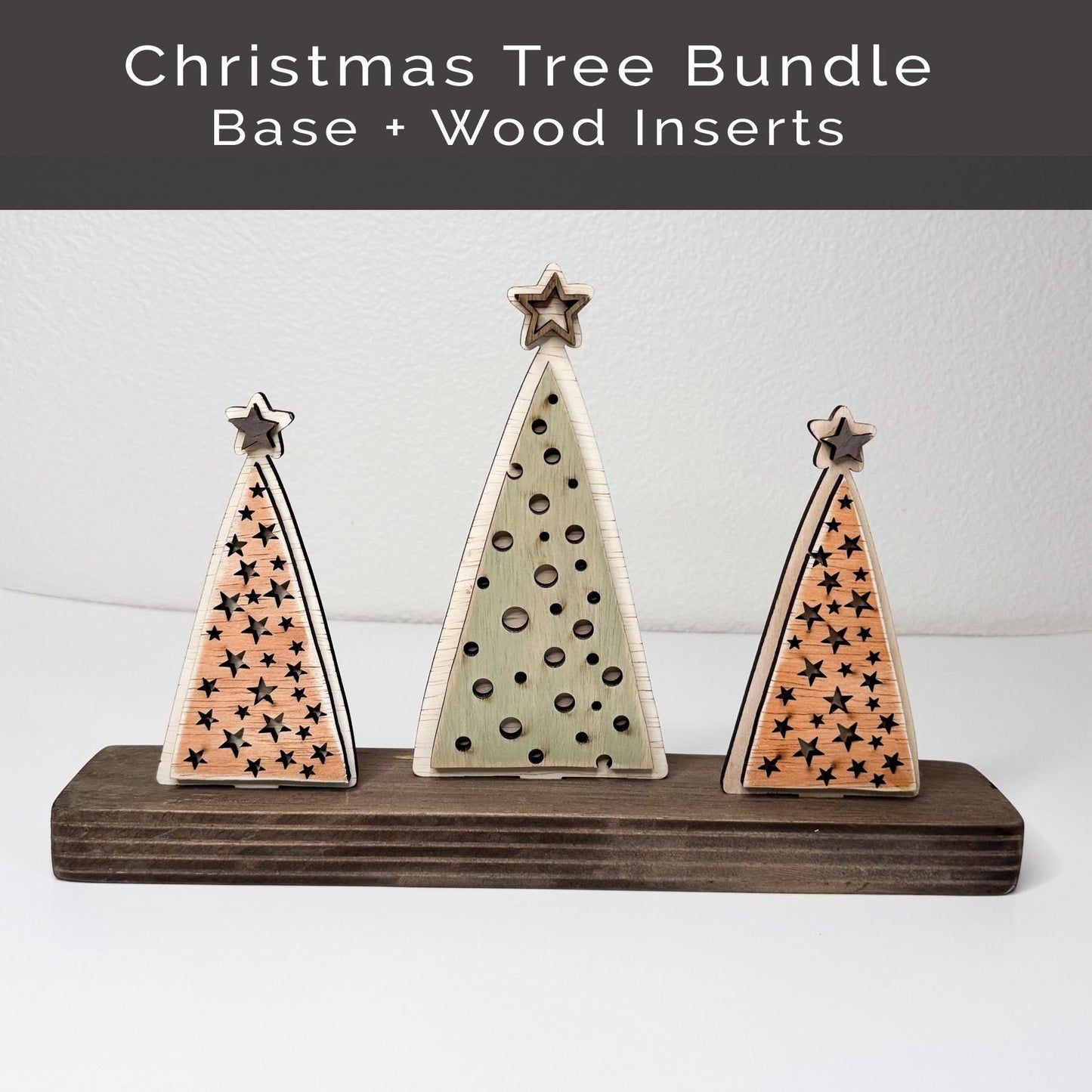 Rustic Christmas Tree Bundle  Set of 3 Wood Trees with Shelf Base