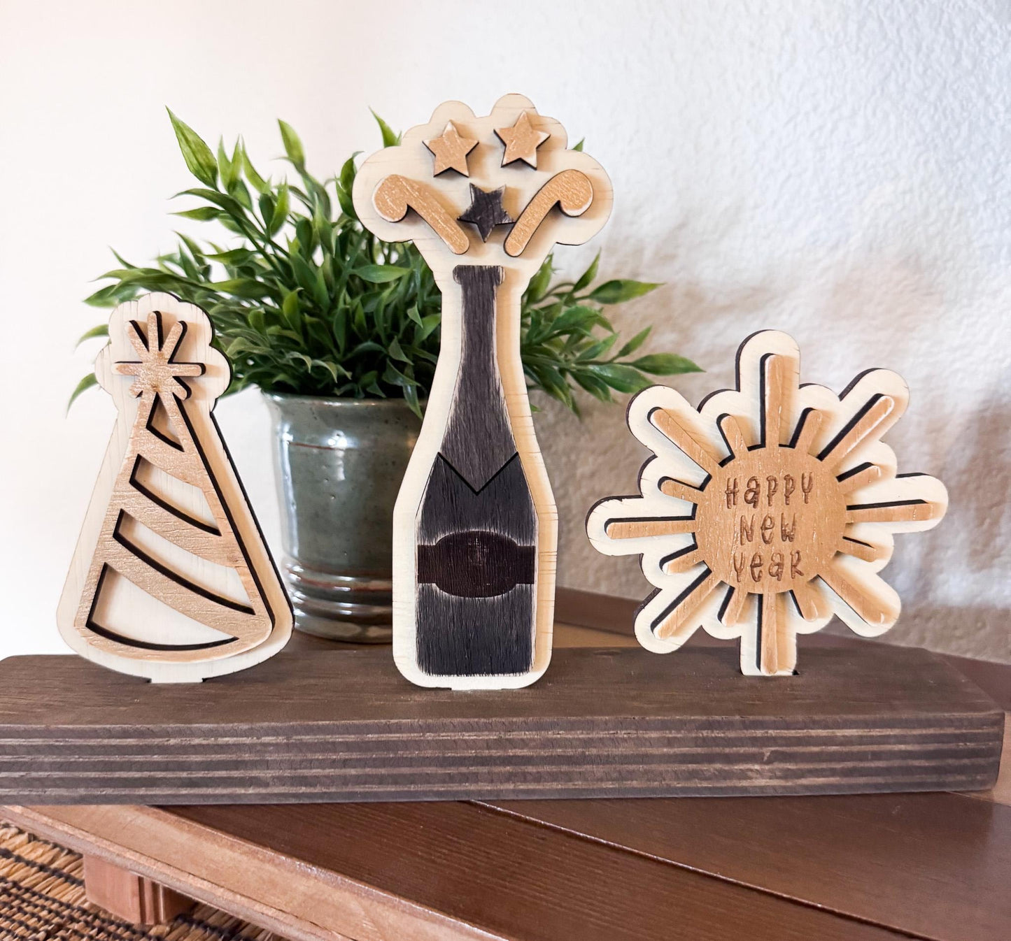 New Years Eve Wood Inserts, Happy New Year Decor, Champagne Party Decor, Interchangeable Shelf Sitter, Tiered Tray Holiday Decor