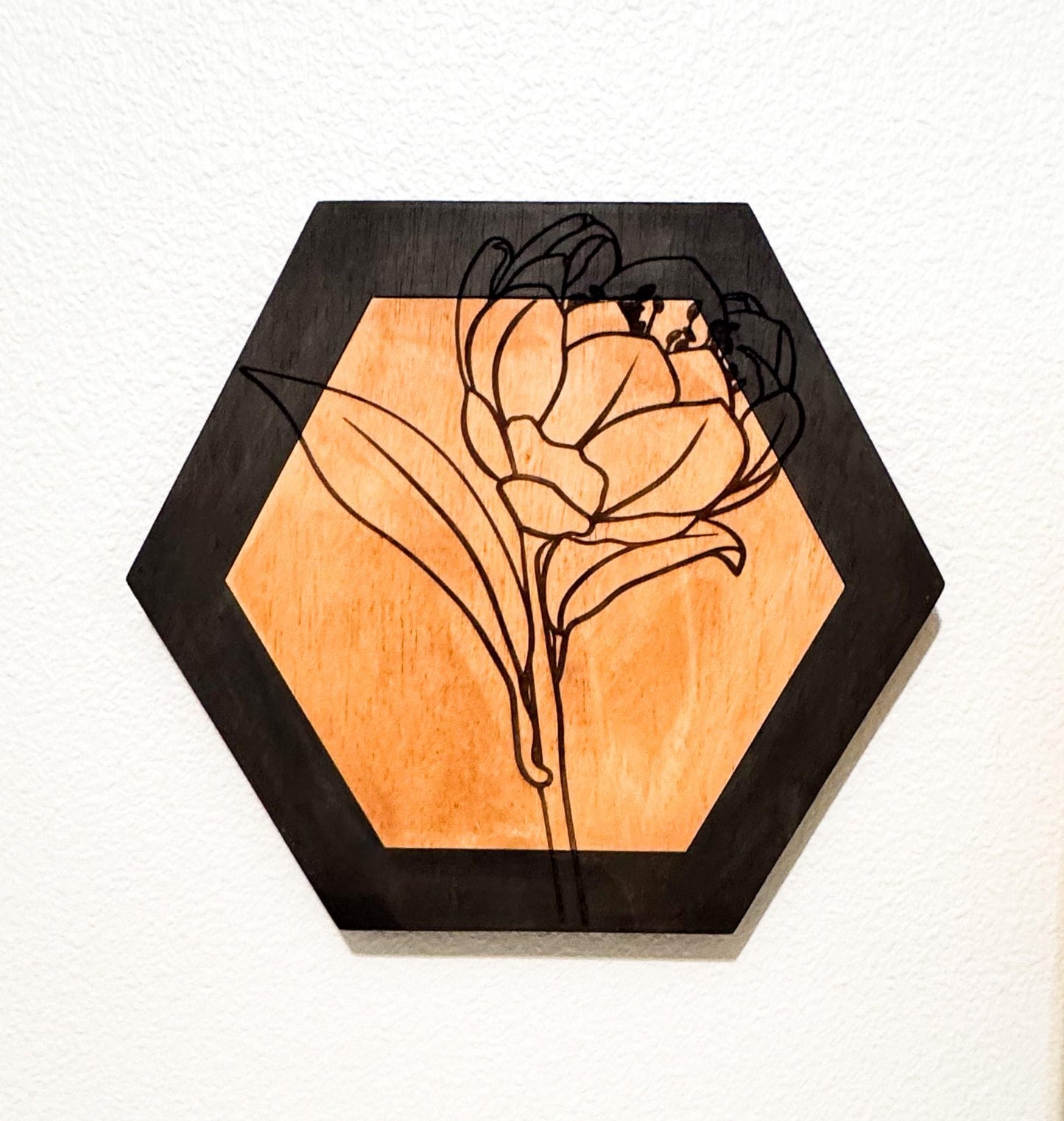 Botanical Wood Wall Art, Hexagon Wall Decor Set, Laser Engraved Wood Art, Modern Farmhouse Wall Hanging, Minimalist Floral Decor