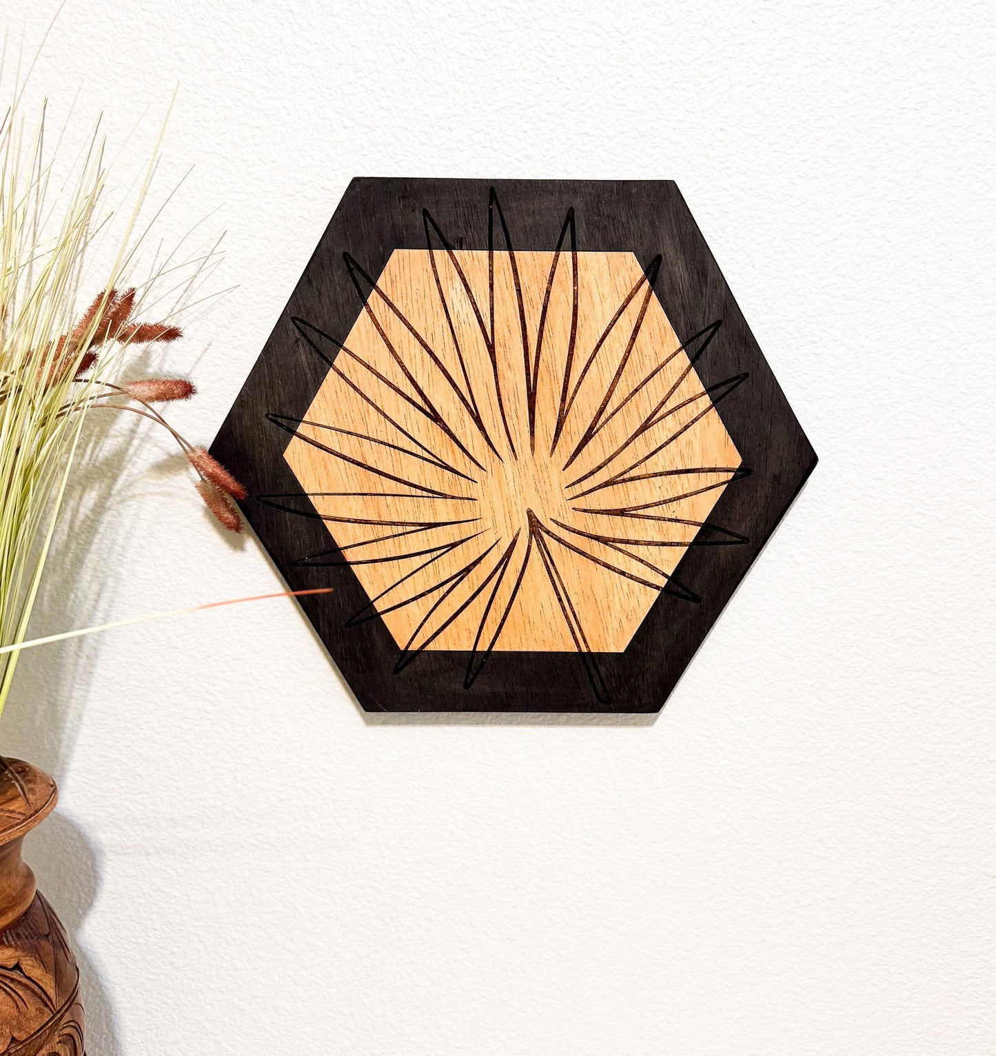 Botanical Wood Wall Art, Hexagon Wall Decor Set, Laser Engraved Wood Art, Modern Farmhouse Wall Hanging, Minimalist Floral Decor