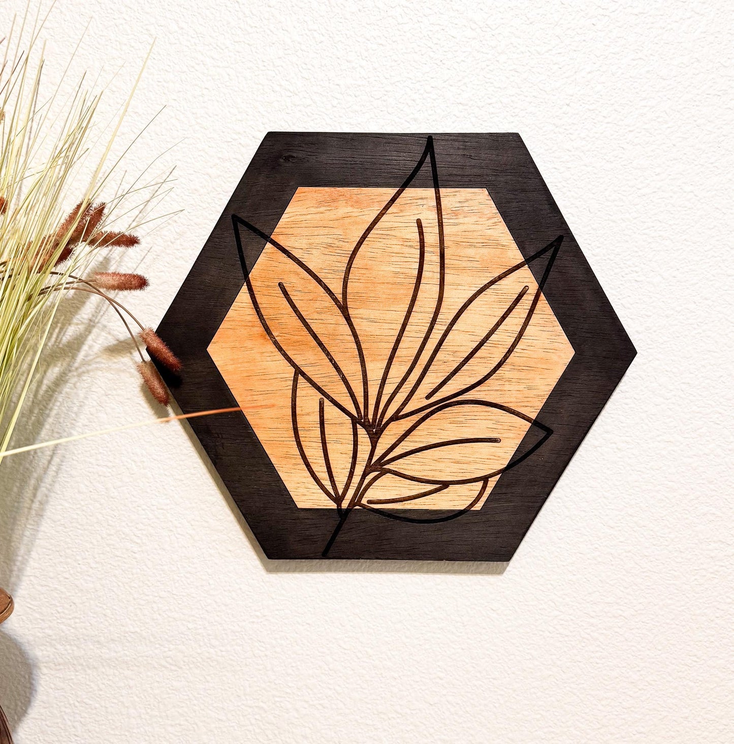 Botanical Wood Wall Art, Hexagon Wall Decor Set, Laser Engraved Wood Art, Modern Farmhouse Wall Hanging, Minimalist Floral Decor