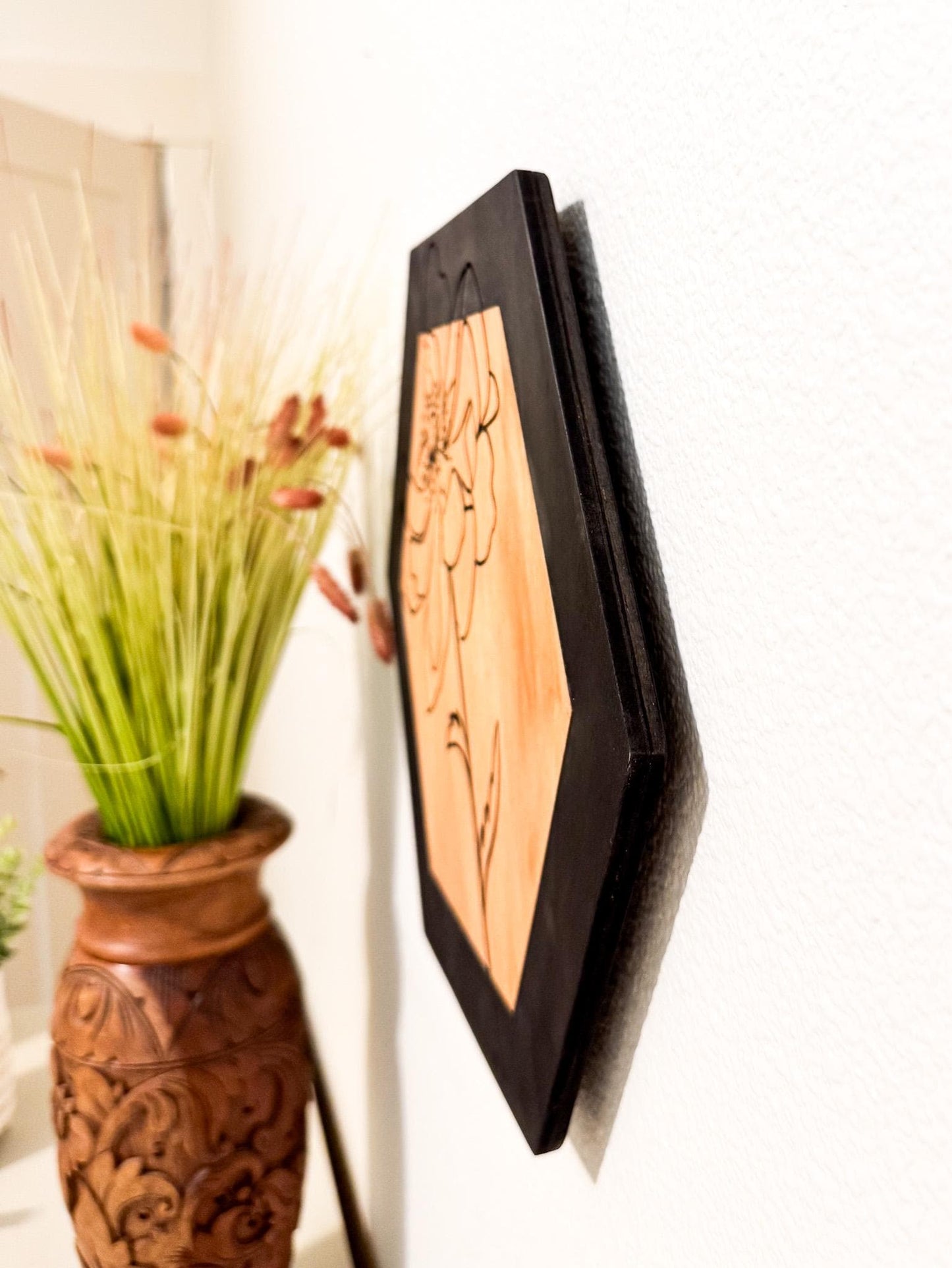 Botanical Wood Wall Art, Hexagon Wall Decor Set, Laser Engraved Wood Art, Modern Farmhouse Wall Hanging, Minimalist Floral Decor