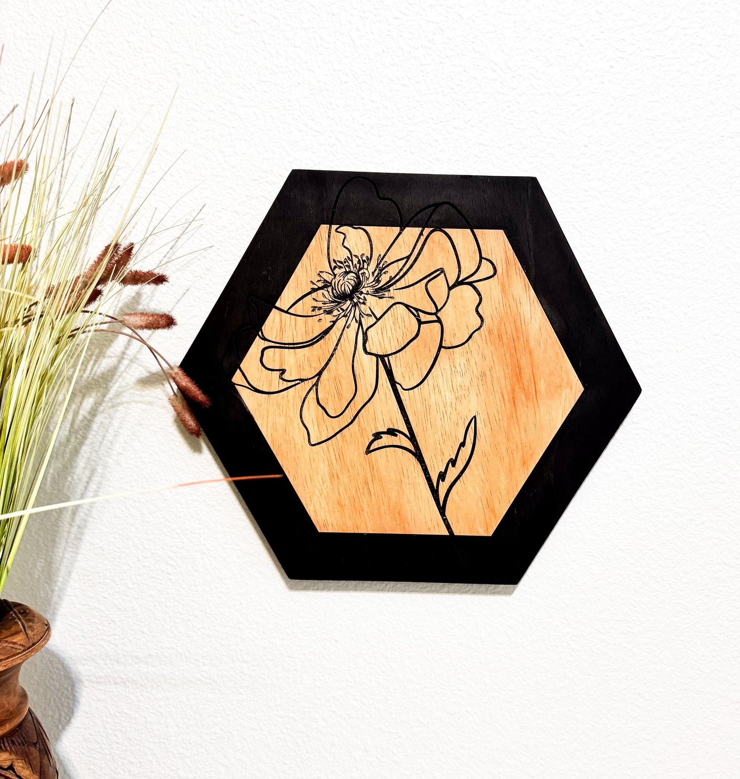 Botanical Wood Wall Art, Hexagon Wall Decor Set, Laser Engraved Wood Art, Modern Farmhouse Wall Hanging, Minimalist Floral Decor