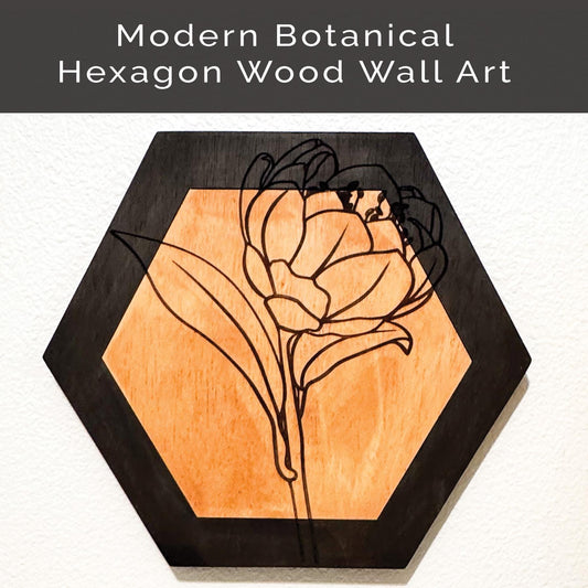 Botanical Wood Wall Art, Hexagon Wall Decor Set, Laser Engraved Wood Art, Modern Farmhouse Wall Hanging, Minimalist Floral Decor, peony.