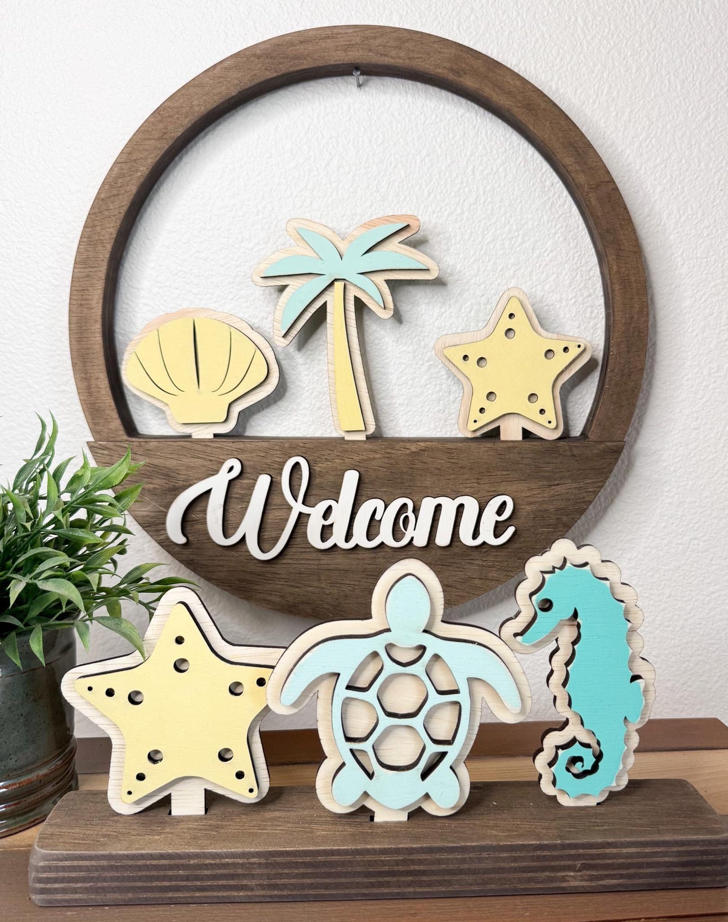 Interchangeable Coastal Wreath, Beach Door Decor, Sea Turtle Starfish Seashell Welcome Sign