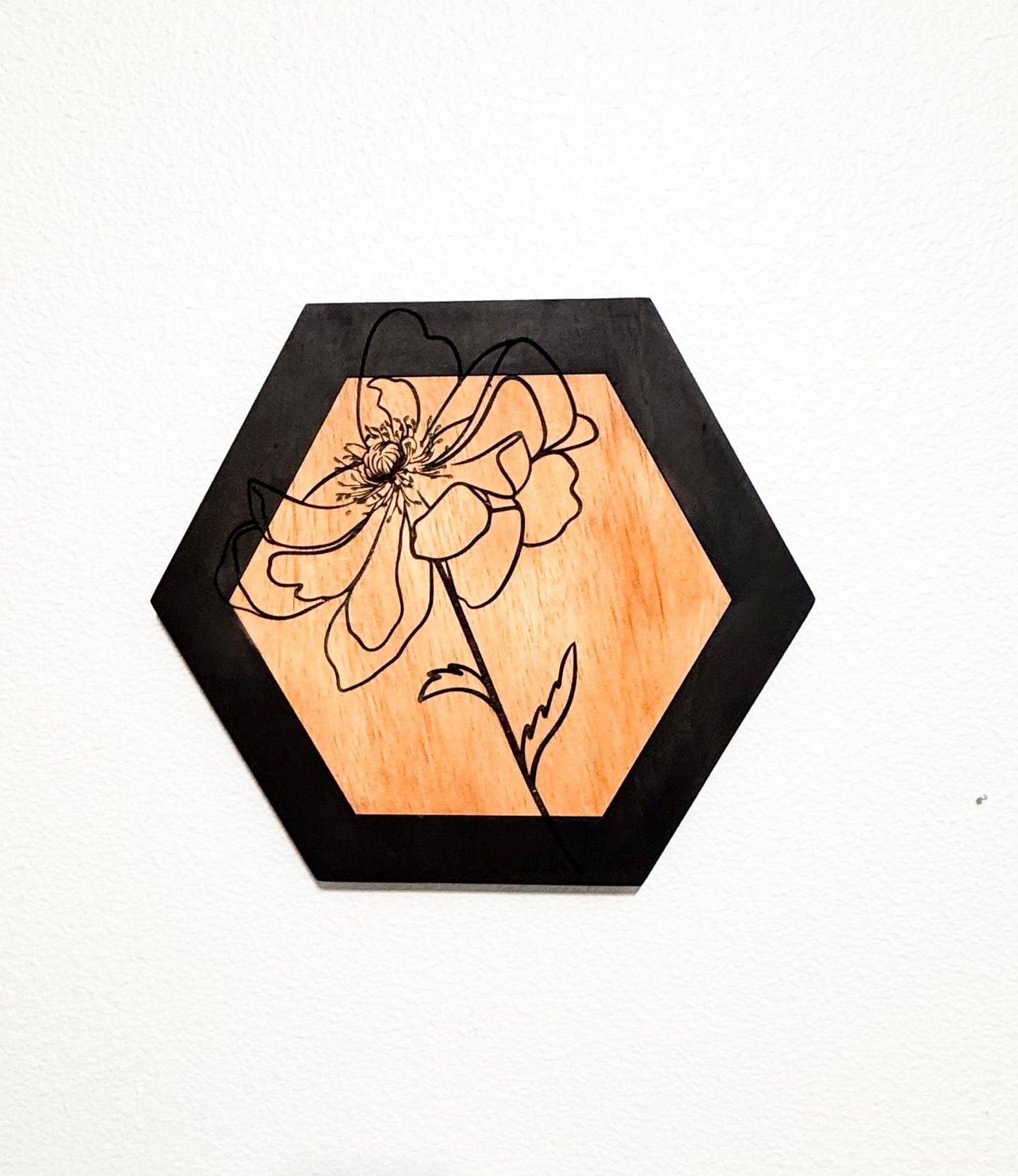 Botanical Wood Wall Art, Hexagon Wall Decor Set, Laser Engraved Wood Art, Modern Farmhouse Wall Hanging, Minimalist Floral Decor