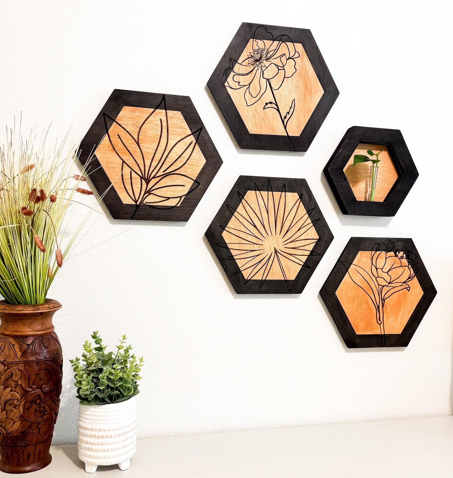 Botanical Wood Wall Art, Hexagon Wall Decor Set, Laser Engraved Wood Art, Modern Farmhouse Wall Hanging, Minimalist Floral Decor