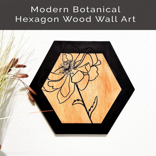 Botanical Wood Wall Art, Hexagon Wall Decor Set, Laser Engraved Wood Art, Modern Farmhouse Wall Hanging, Minimalist Floral Decor, Wildflower