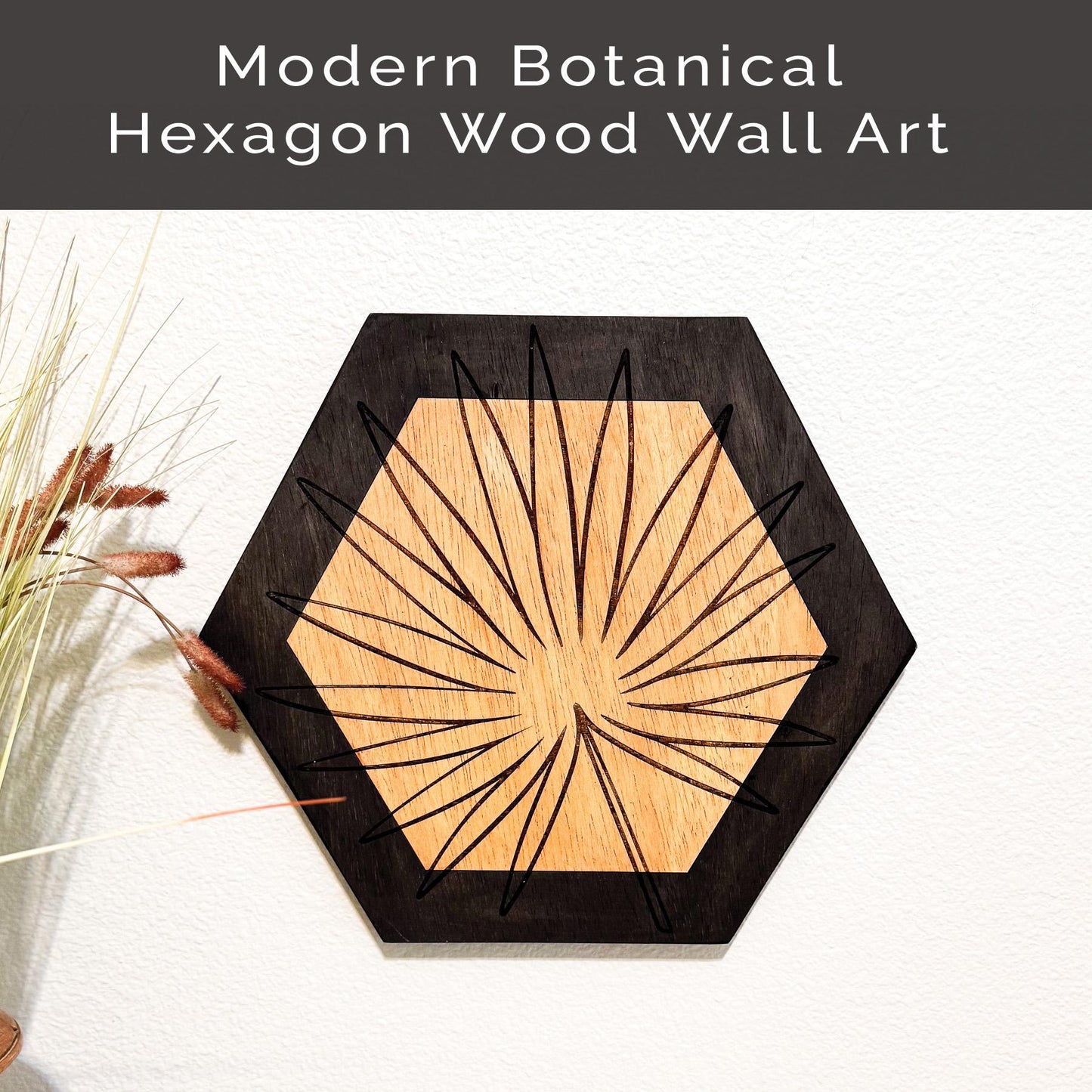 Botanical Wood Wall Art, Hexagon Wall Decor Set, Laser Engraved Wood Art, Modern Farmhouse Wall Hanging, Minimalist Floral Decor, Fan Palm