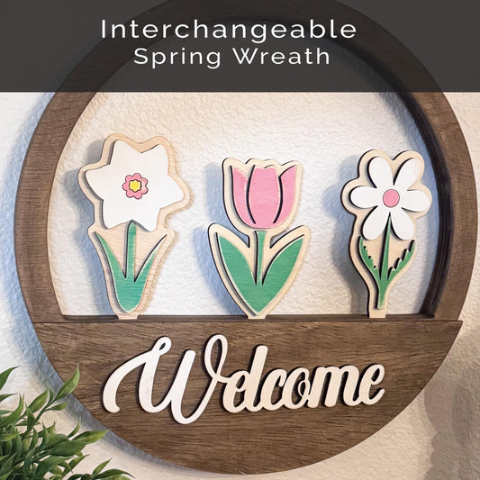 Interchangeable Spring Wreath, Swappable Seasonal Wreath, Farmhouse Door Decor, Tulip Daisy Daffodil, Year Round Wreath Base Welcome Sign