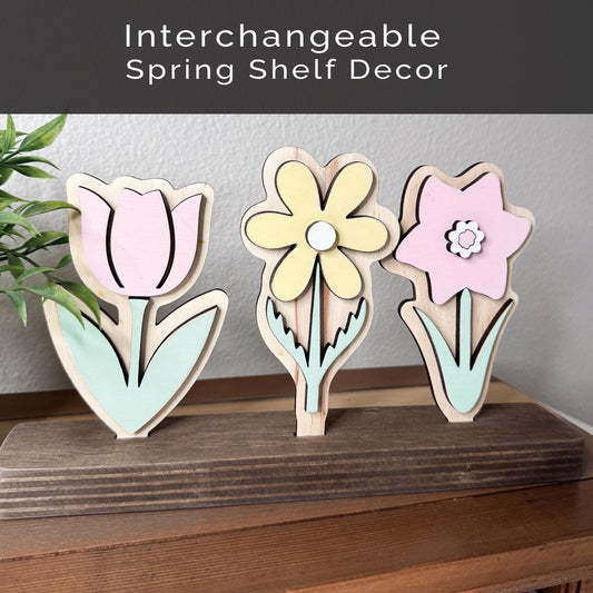 Interchangeable Spring Shelf Sitter, Swappable Seasonal Decor, Farmhouse Tiered Tray Decor, Tulip Daisy Daffodil, Year Round Wooden Base