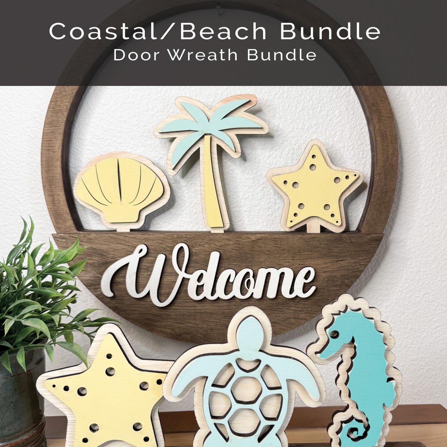Interchangeable Coastal Wreath, Beach Door Decor, Sea Turtle Starfish Seashell Welcome Sign